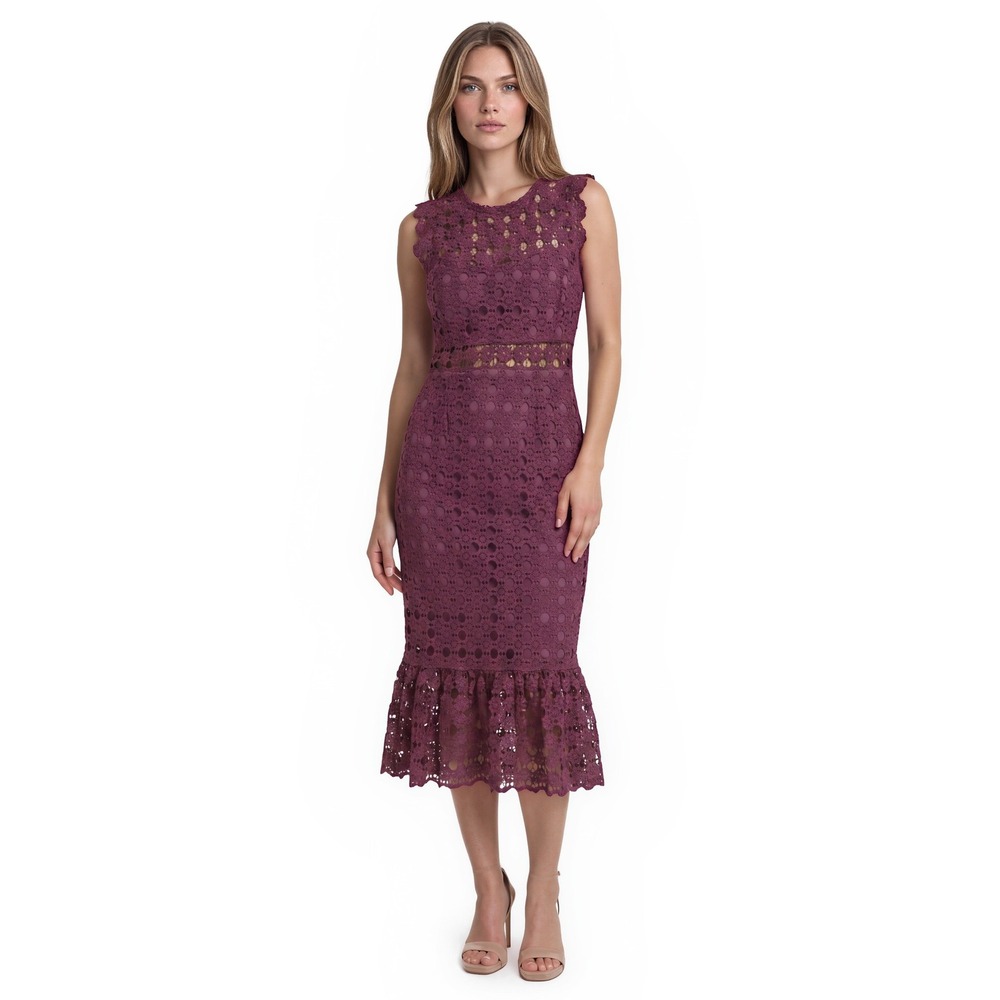NWT Petal + Pup Lauren Dress Women's Size 10 Dark Rose Crochet Lace Ruffle Midi